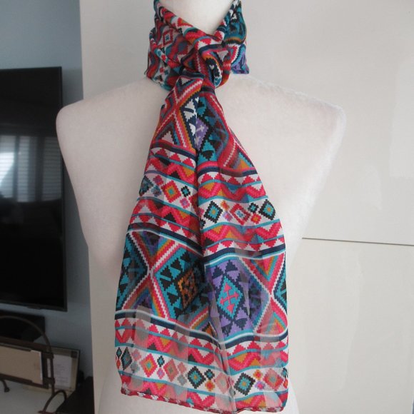 Southwestern Print Scarf Rectangular 58" x 13" Multicolor, Hand Rolled Hem NEW - Picture 2 of 7